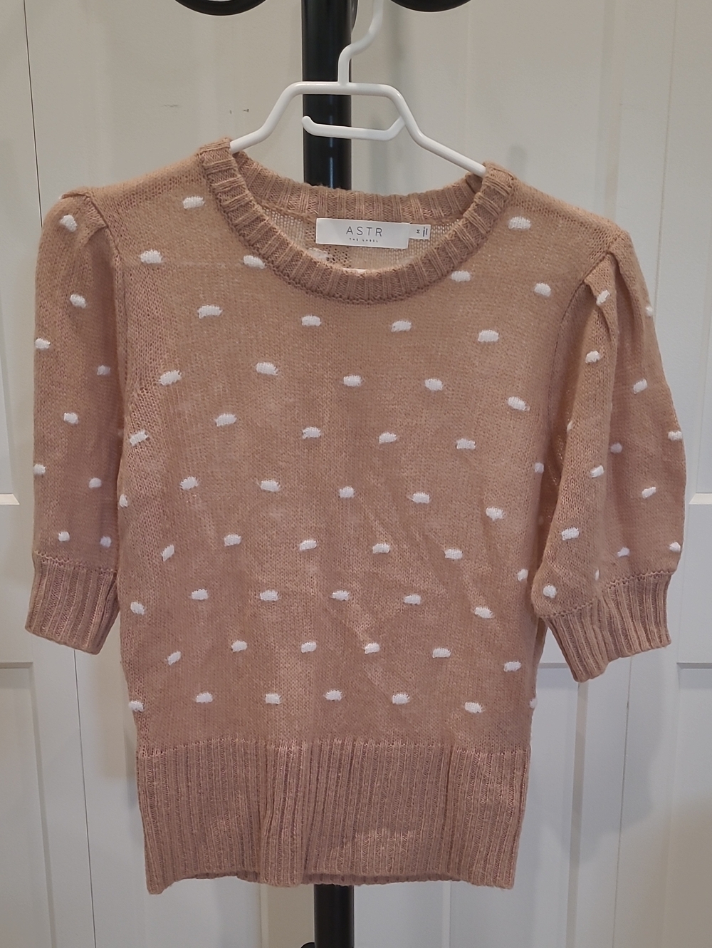 Astr Blush Pink Polka Dot Short Sleeve Crew Neck Sweater